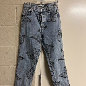 Pac Sun high rise straight jeans women's 25 blue fray button fly butterfly print
